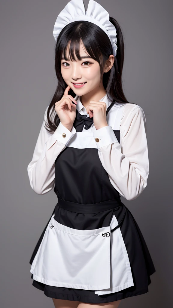 maid_cosplay, solo, enmaided, simple background, looking at viewer, long sleeves, 1girl, maid headdress, bangs, apron, long hair, maid, one side up, smile, open mouth, maid apron, white apron, white background,背景は日本のメイドカフェ