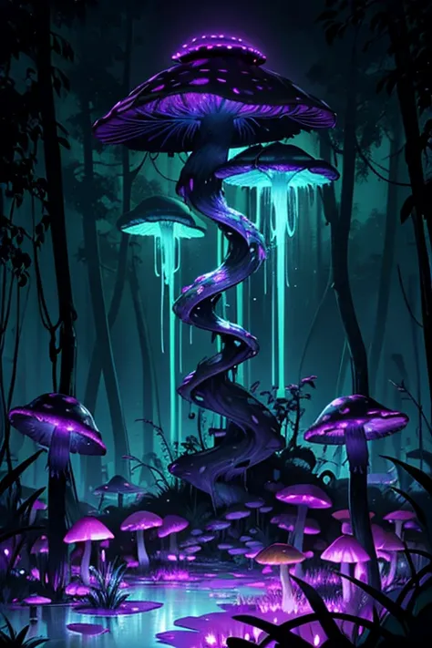 A creepy swamp, horror, dramatic lighting, 4k, Volumetric lighting, global ilumination, octan render, Estilo-SwampMagic, Eldritch, cosmico, energia escura,mushrooms, glowing lights, neon plants, neon purple, phosphorescent mushrooms, acrylic paint, brush s...