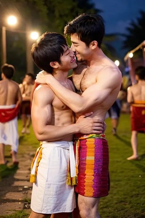 The whole body is reflected、Two men hugging and kissing、30 years old、male、Japanese、very handsome、Topless、short clothes、Half quilt、loincloth、abs、Pectoral muscle、open legs、smile、festival、night、summer、