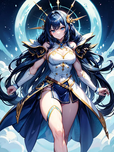 （（（masterpiece、Highest image quality、highest quality、highly detailed unity 8ｋwallpaper）））、（（Illustration of one girl））、（（（beautiful girl）））、blue hair、stocky build, thickset physique：1.3, muscular legs, broad shoulders, solid chest、white clothes