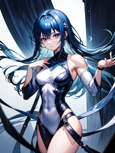 （（（masterpiece、Highest image quality、highest quality、highly detailed unity 8ｋwallpaper）））、（（Illustration of one girl））、（（（beautiful girl）））、blue hair、stocky build, thickset physique：1.3, muscular legs, broad shoulders, solid chest、white clothes