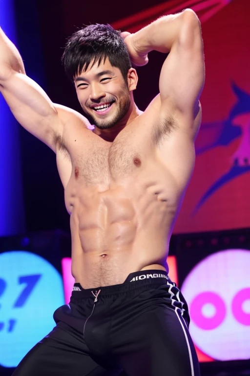 30 years old、male、Japanese、very handsome、gogoboy、abs、Pectoral muscle、open legs、raise your arms、smile、stage、