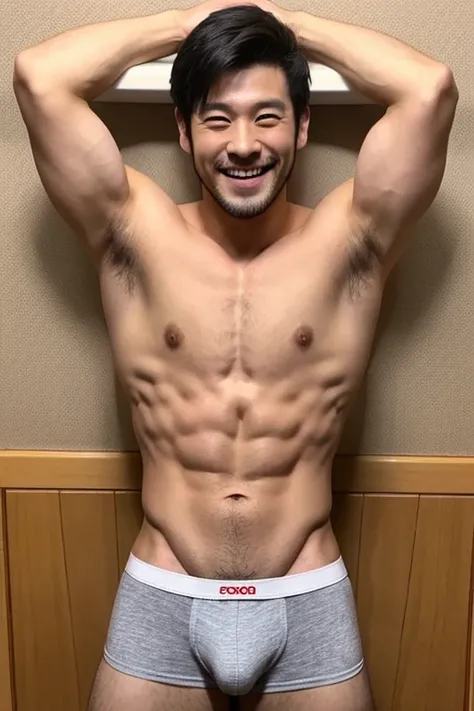 30 years old、male、Japanese、very handsome、gogoboy、dance、abs、Pectoral muscle、Sexy Underwear、open legs、raise your arms、body hair、smile、