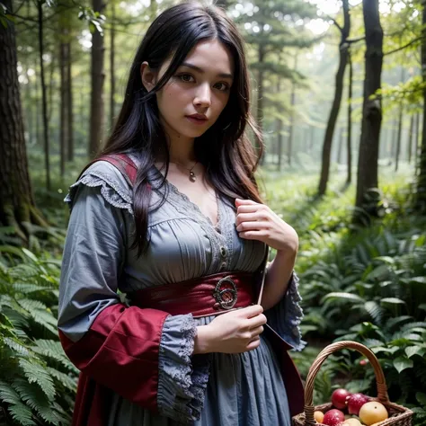 (best quality,4k,8k,highres,masterpiece:1.2),ultra-detailed,(realistic,photorealistic,photo-realistic:1.37),Le chaperon rouge,detailed black hair,detailed grey eyes,adult version,holding a basket in her hand,standing in an enchanted forest,dappled sunlight...