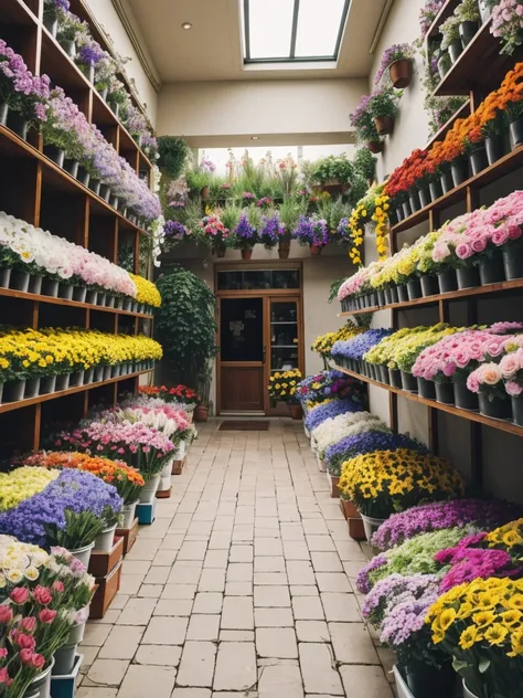 STYLE: flower photography, BREAK | SUBJECT: (a gorgeous colorful  flower shop full of different exotic flowers: 1.3), BREAK springtime at golden hour, BREAK | AESTHETIC: (cinematic: 1.3), hyper-real highly detailed, thematic background, top-down perspectiv...