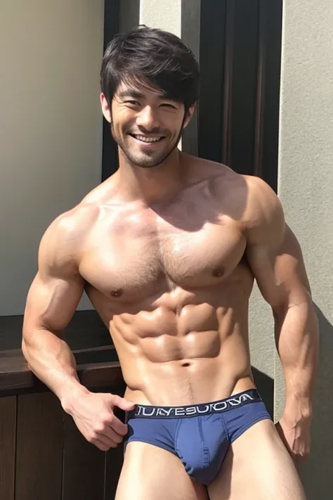 2 males、30 years old、male、Japanese、very handsome、abs、Pectoral muscle、Sheer underwear、sexy pose、body hair、smile、