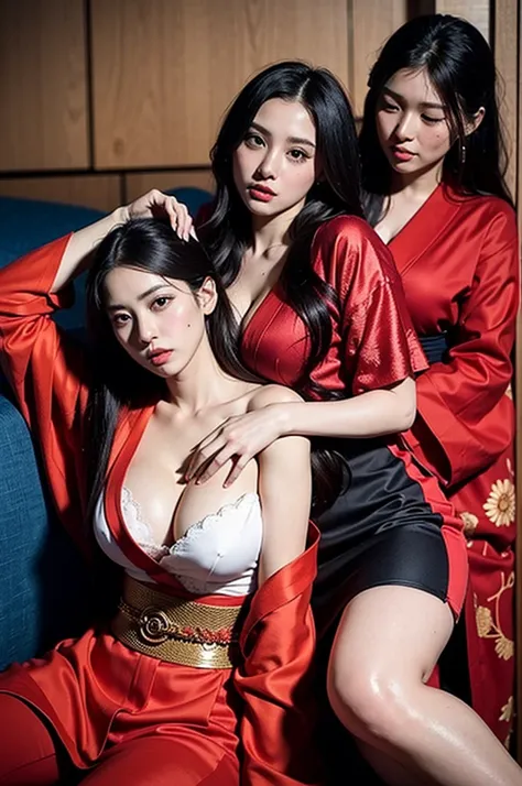 on the sexy bed, two wives embrace their husband in a sensual and intimate moment. The first girl wears a bright red silk kimono, its vibrant colors standing in stark contrast to the second wifes traditional attire. Her hair cascades down her back in a wav...