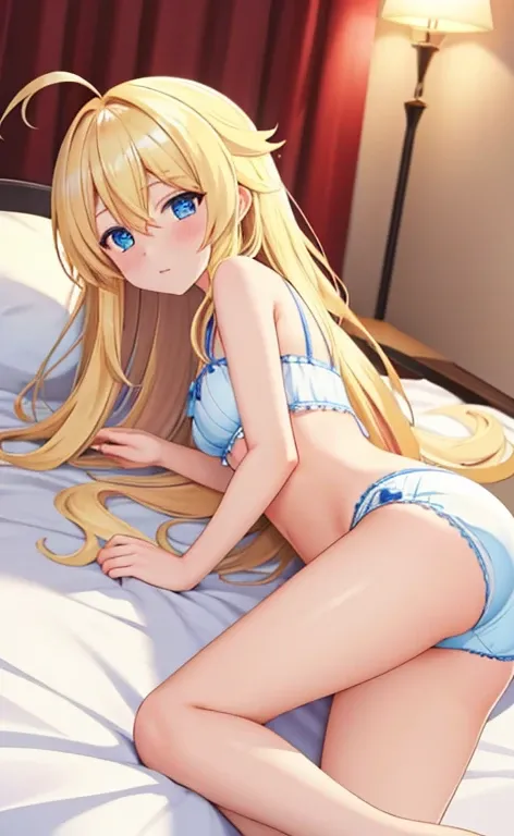 Beautiful long blonde hair　on the bed　In underwear　shyness　Watery eye　blue eyes　small tits　Low - Angle　stick out your butt and lie down　Ahoge