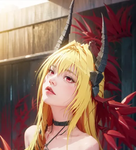 DarknessLora, blonde hair, red eyes, very long hair, horns, claws, choker, hair intakes, loincloth