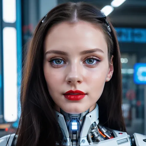 there is a woman with a robot head and a red lipstick, cyborg - girl, cyborg girl, perfect android girl, beutiful white girl cyborg, cute cyborg girl, beutiful girl cyborg, portrait of a female android, beautiful android woman, beautiful female android, po...