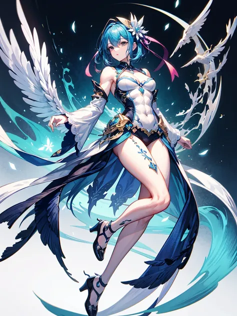 （（（masterpiece、Highest image quality、highest quality、highly detailed unity 8ｋwallpaper）））、（（Illustration of one girl））、（（（beautiful girl）））、blue hair、stocky build, thickset physique：1.3, muscular legs, broad shoulders, solid chest、white clothes