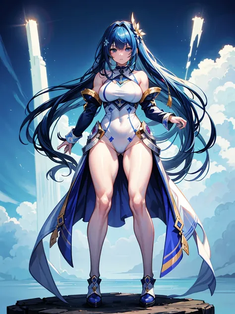 （（（masterpiece、Highest image quality、highest quality、highly detailed unity 8ｋwallpaper）））、（（Illustration of one girl））、（（（beautiful girl）））、blue hair、stocky build, thickset physique：1.3, muscular legs, broad shoulders, solid chest、white clothes