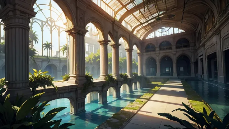 Large fantasy abandoned mall, flooded floor, glass ceiling, upstairs viewpoint with parapet, trees, vines, orchids, bromeliads, palm trees, ornaments, golden, many plants, tropical plants, marble walls, dynamic light, 8K, masterpiece, ultra detailed, beaut...