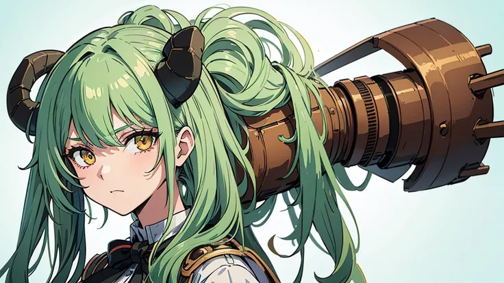 ((live 2D))  masterpiece, 1girl, full body, stands straight, steampunk clothes, military clothing, looking at viewer, detailed face, girl with green wavy hair, bangs, metal sheep horns, gradient hair, multicolored hair, light green hair, turquoise hair tip...