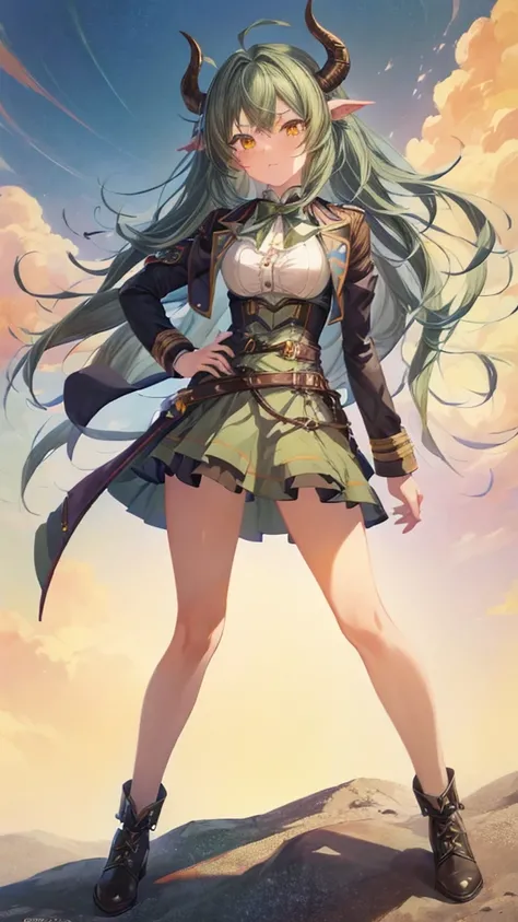 ((live 2D))  masterpiece, 1girl, full body, stands straight, steampunk clothes, military clothing, looking at viewer, detailed face, girl with green wavy hair, bangs, metal sheep horns, gradient hair, multicolored hair, light green hair, turquoise hair tip...