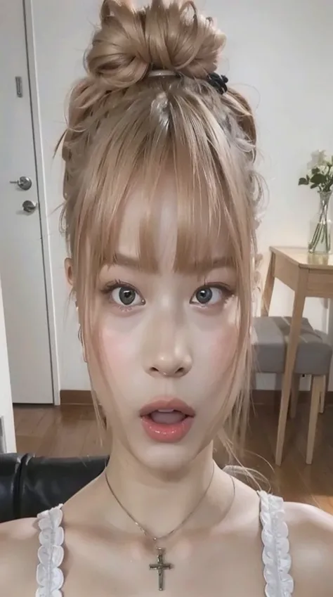 Blonde woman in a messy bun in a white top and a cross necklace, cabelo loiro e olhos grandes, menina de 19 anos, Lalisa Manobal, rosto perfeito ), her face looks like an orchid, jovem lindo amouranto, 🤤 retrato de menina, sem maquiagem, long cabelo loiro ...