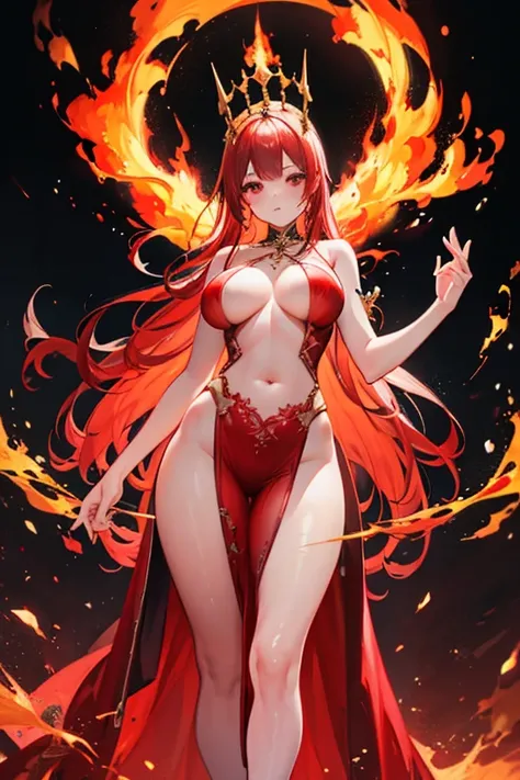 young woman, perfect body, shinny red eyes, perfect boobs, perfect thighs, fire crown, long red curvy hair, transparent long red dress, lingerie, exposed belly, exposed thighs, red and gold mixture cloths, highly detailed enchanted cloths, standing and sta...