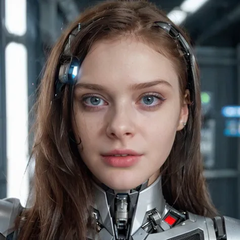 a close up of a black hair woman with a robot head and a sci - fio, elle fanning as an android, movie still of a cool cyborg, mo...