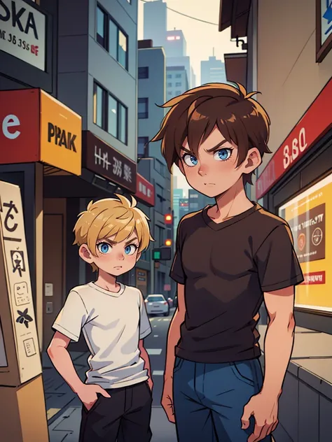 guy with brown hair and blond streaks, with short hair, with blue eyes, has a scar on the right side of his face, wearing a dark T-shirt and pants, has a serious look, Standing in the city