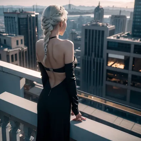 Futuristic Daenerys Targaryen model in a black bikini-style jumpsuit, viewed from behind, braided hair cascading, perched on a balcony, intricate cityscape below, sci-fi aircrafts in sky, balcony railing in scene, sharp focus on model, soft and flattering ...