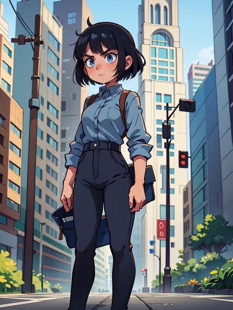 Girl with dark and short hair, with blue eyes, Fair skin, dressed in gray clothes, with a stern face, Standing in the city