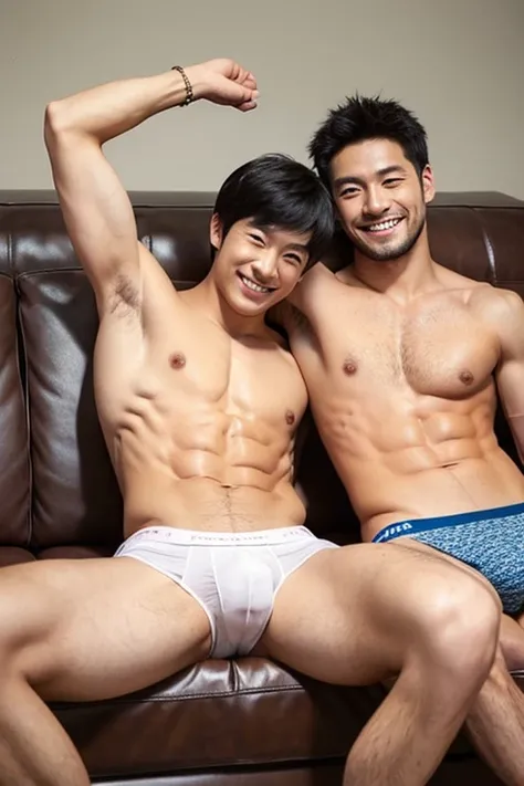 two men looking at camera、30 years old、male、Japanese、very handsome、Topless、Sexy Underwear、abs、Pectoral muscle、sit on the sofa、spread legs、open legs、raise one arm、smile、Large crotch