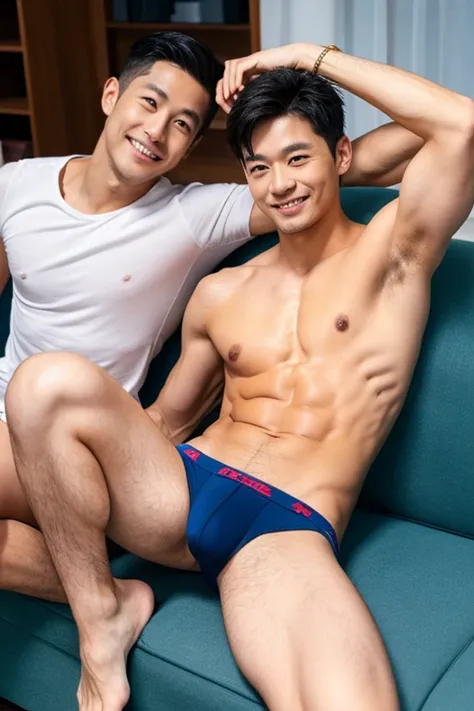 two men looking at camera、30 years old、male、Japanese、very handsome、Topless、Sexy Underwear、abs、Pectoral muscle、sit on the sofa、spread legs、open legs、raise one arm、smile、Large crotch