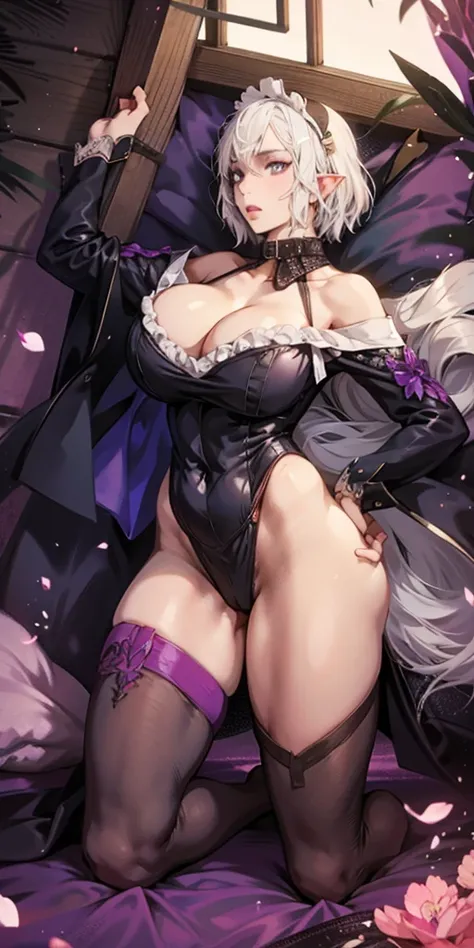 White hair , short hair, pinched eyes, (big-:1.5), Thin legs, thin body, leather collar, Maid outfit victorian, dynamic pose, full body, view from below, wide hips, kneel on the sheet in bed. purple skin, drow elf