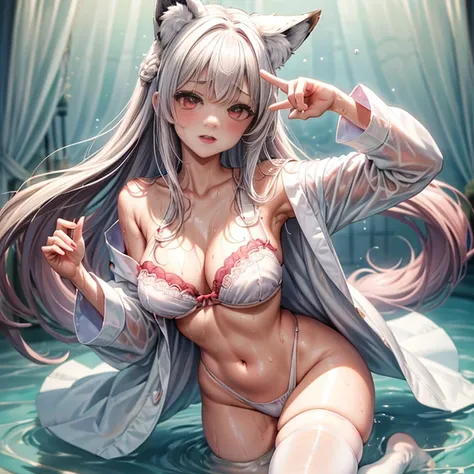 masterpiece、top-quality、1girl in。(bathrobe:1.2), white  hair,Red Eyes,(mare:0.8), (Fantastical:0.7), (A smile:0.8),fox ear,salon,wear bra, wear dress , wet clothes,wet hanging,salon, perfect body, perfect breast,((blush on: 1.2)),((fox-tails:1)), perfect b...