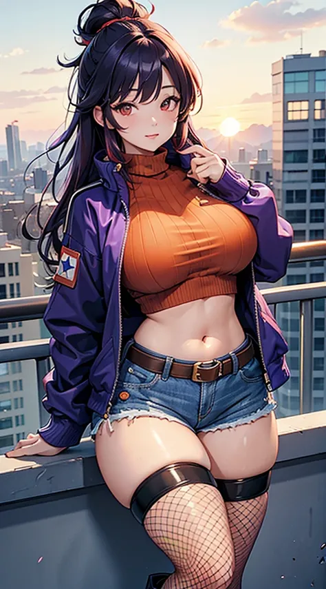 (masterpiece), high-definition, vibrant colors, korean girl, big boobs, big hips, messy dark purple hair, orange eyes, crop top sweater, jacket, shorts, belt, thong, thigh high stockings, boots, fishnet, balcony, leaning on the railing, sunset