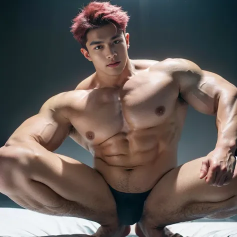 handsome boy  , kpop idol, pink hair , sexy  , nsfw ,  micro jock strap , sexy , slut , whore , 16k resolution , ultra-high clarity , hyperrealism, uhd , bottom view , photorealistic , bodybuilder , puffy nipples , swollen nipples , erect nipples , (gynaec...