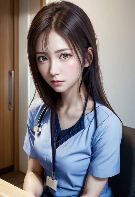 8K, top quality, table top:1.2), (realistic, Photoreal:1.37), top quality, table top, beautiful young woman, pensive expression, Thoughtful look, female doctor, nurse、tie hair back, movie background, pale skin