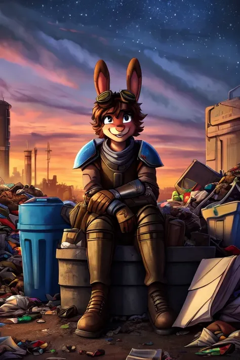 sci-fi, wasteland, trash pile, dusk, wind blowing paper with headline 404, anthropomorphic rabbit, leather armor, sitting on trash pile, smiling, scruffy brown hair, blue fur, goggles
