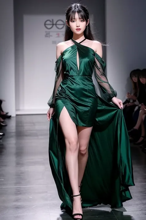 South Korean woman, very beautiful, perfect face, long black hair with bangs and ponytail, she is a model and is parading on a catwalk in a long green dress, perfect full body. Shes being photographed