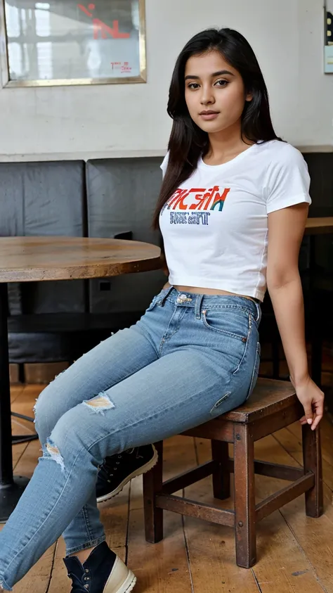 Indian Pretty girl wear jeans, tshirt,shirt,top ,boots,shoes,shorts sitting  in cafe