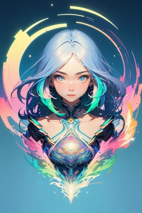 (masterpiece, best quality:1.2),(concept art、fractal art:1.5) ,(flat color:1.2),(2D:1.3),(fluorescence colour:1.5,colorful:1.2),fluorescence multicolored hair、looking at viewer,1girl,beautiful face,Gentle face,solo,upper body,floating colorful fluorescent ...