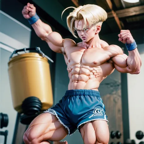 (Eine detaillierte Zeichnung von Trunks, bodybuilding gym.), shirtless, barefoot, boxing, fighting 