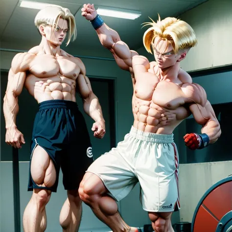 (Eine detaillierte Zeichnung von Trunks, bodybuilding gym.), shirtless, barefoot, boxing, fighting 