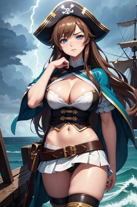 one Rebecca captaining a pirate ship, long brown hair, blue eyes, large boobs, stormy weather, lightning, [ 4 k digital art ]!!, seductive anime girl, deviantart artstation cgscosiety, trending on cgstation, 8k high quality detailed art, photorealistic ani...