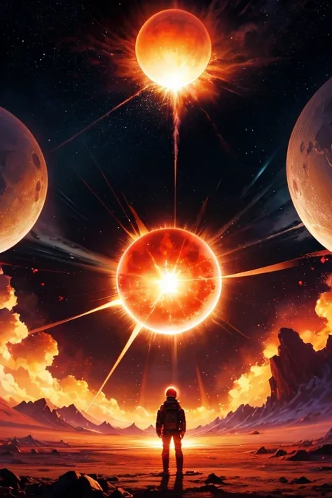 Pictures of explosions in the sky, Surreal nuclear eclipse explosion, red planetoid exploding, end of the world, powerful explosions, The soul comes out of the portal, supernova explosion, Akira&#39;s explosion, There are explosions in the background, back...