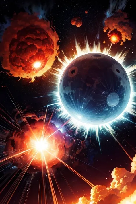 Pictures of explosions in the sky, Surreal nuclear eclipse explosion, red planetoid exploding, end of the world, powerful explosions, The soul comes out of the portal, supernova explosion, Akira&#39;s explosion, There are explosions in the background, back...