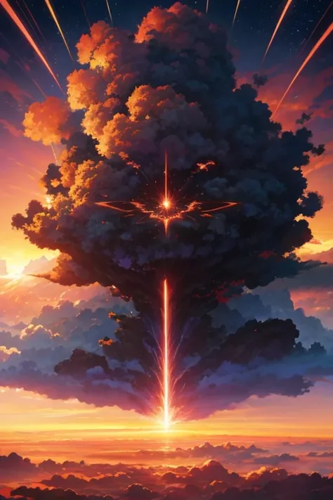 (best quality,4k,8k,highres,masterpiece:1.2),ultra-detailed,smoke rising from clouds,magnificent anime bullet visual effects,2012 anime screenshot,anime visual effects,explosions from Akira,launching spore clouds,illuminated spore flying,anime movie screen...