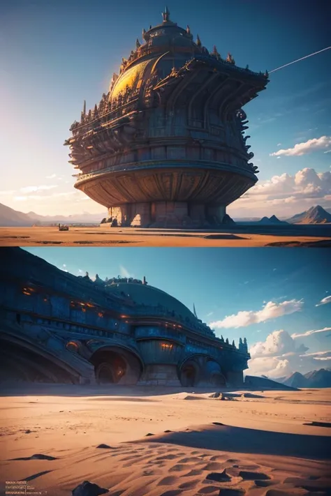 (best quality,4k,8k,highres,masterpiece:1.2),ultra-detailed,(realistic,photorealistic,photo-realistic:1.37), space ship flying in the sky, a huge bell next to it, Neil Mech Era spaceship style, epic giant architecture, giant structure, ancient giant pyrami...