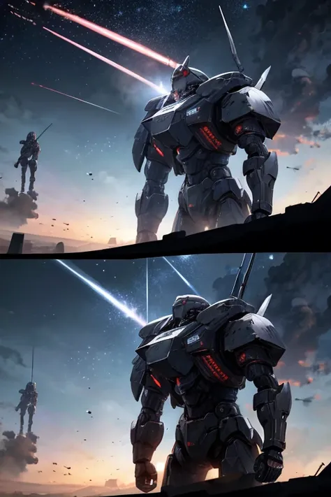 Spaceships fly in the sky，jets flying over, Armored Core 4, armor coreV, Mecha machine fires bullets, armor coreV, armor coreV on the ground, armor core, war mech battle, an armor core on the ground, anime bullet vfx, Metal Gear Machinery, Spaceship flying...