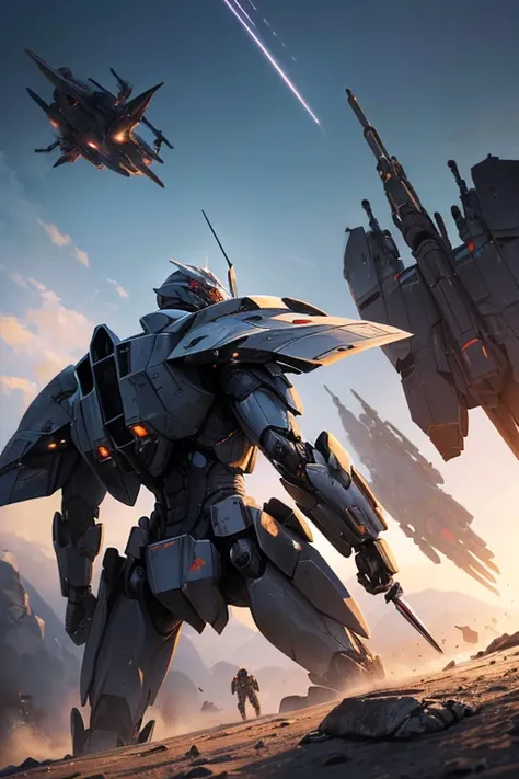 (a spaceship flies in the sky, a fighter jet flies over, armor core 4, armor core V, mecha machine launches bullets, armor core V, armor core V on the ground, armor core, war mecha battles, an armor core on the ground, anime bullet visual effects, metal ge...