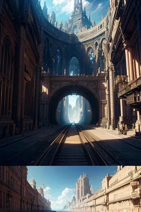 Mirrored shot of train passing through tunnel, steampunk airships fly overhead, NieR Automata spaceship style, Steampunk style airship, epic spaceship scene, Detailed cinematic footage, Complex machines in space, Highly detailed and ultra-realistic visuals...