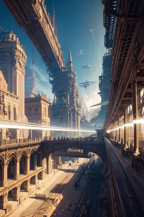 Mirrored shot of train passing through tunnel, steampunk airships fly overhead, NieR Automata spaceship style, Steampunk style airship, epic spaceship scene, Detailed cinematic footage, Complex machines in space, Highly detailed and ultra-realistic visuals...