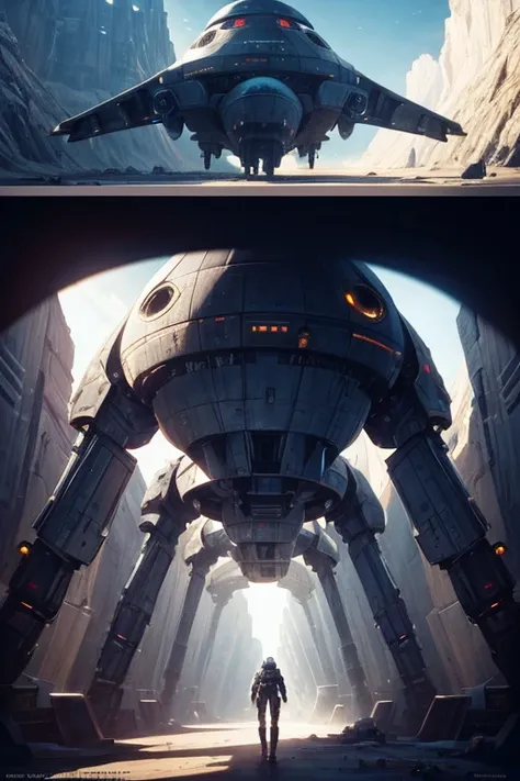 Spaceship flies through tunnel with sky background, epic spaceship scene, NieR Automata spaceship style, spaceship in the movie dune, Detailed shots, Sci-fi spaceships in battle, HD visual effects-9, Alien spaceship flying in space, Spaceship flies into th...