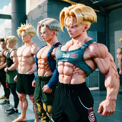 (eine detaillierte zeichnung von trunks, bodybuilding-fitnessstudio.), with a bare torso, barefoot, kampf, stronger than everyon...