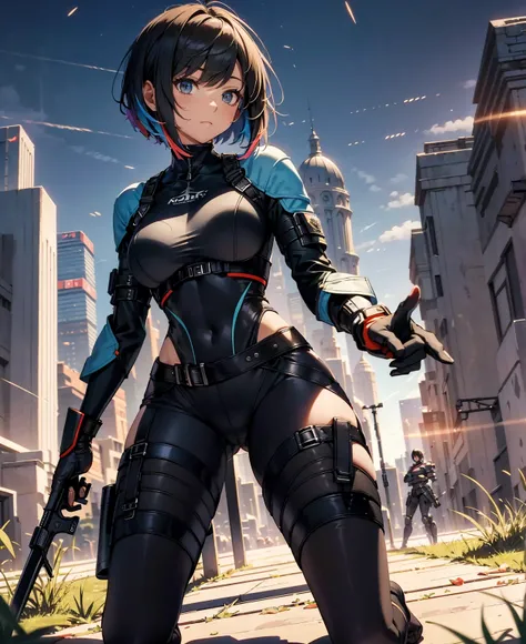 best quality，T Masterpiece，ultimate resolution，fluff，very colorful，colorful，female combatant，（Kneeling Pose）（pointing at you with his butt）mature woman，Black Super Short Hair，tight combat uniform，tight suit，Steel City Background，the night，normal posture，no...